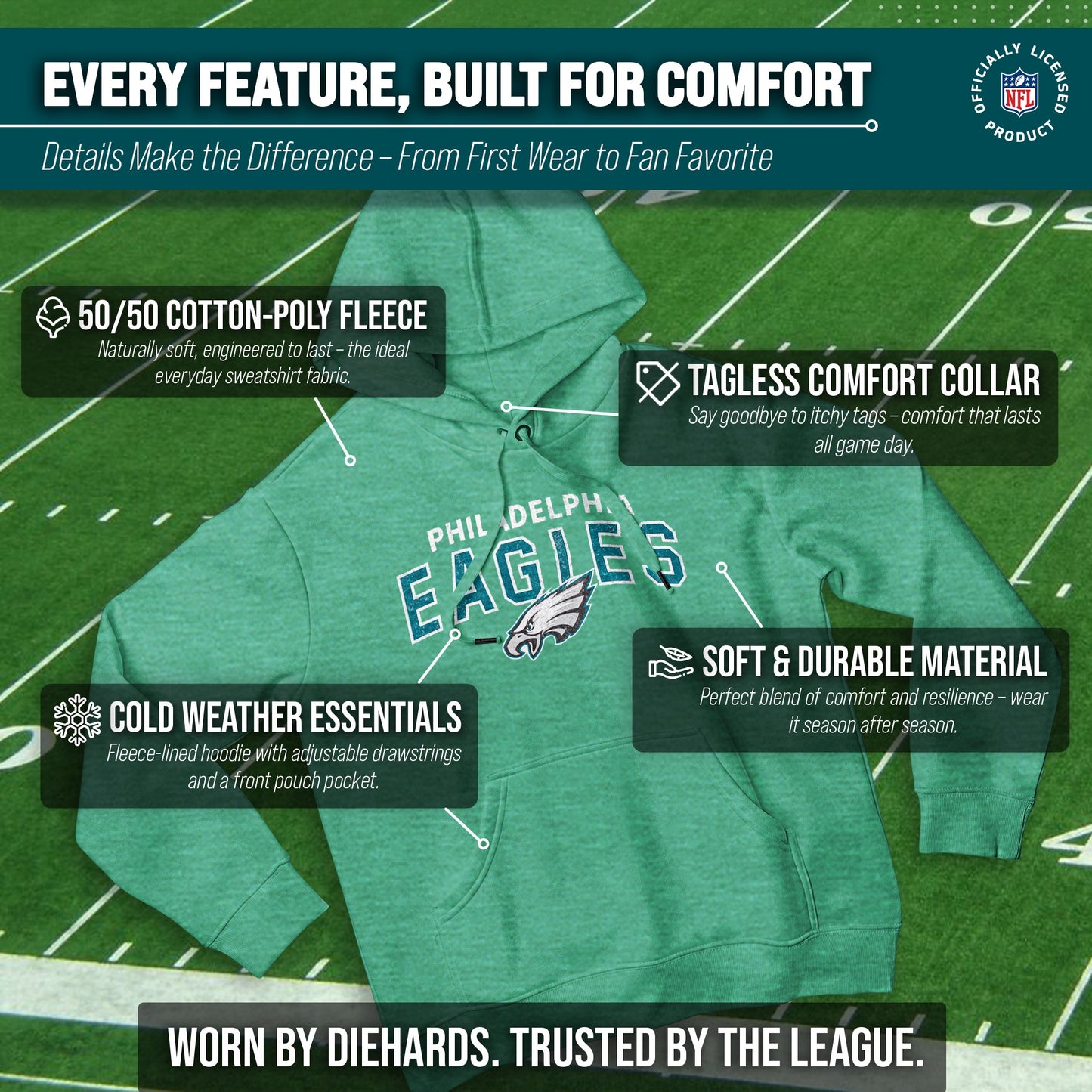 Philadelphia Eagles NFL Adult Unisex Starting Fresh Ultra Soft Fleece Hooded Sweatshirt - Kelly Green