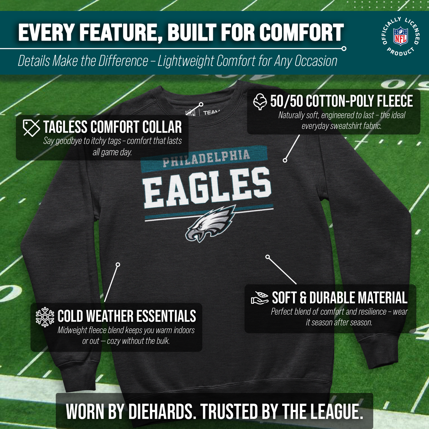 Philadelphia Eagles NFL Adult Long Sleeve Team Block Charcoal Crewneck Sweatshirt - Charcoal