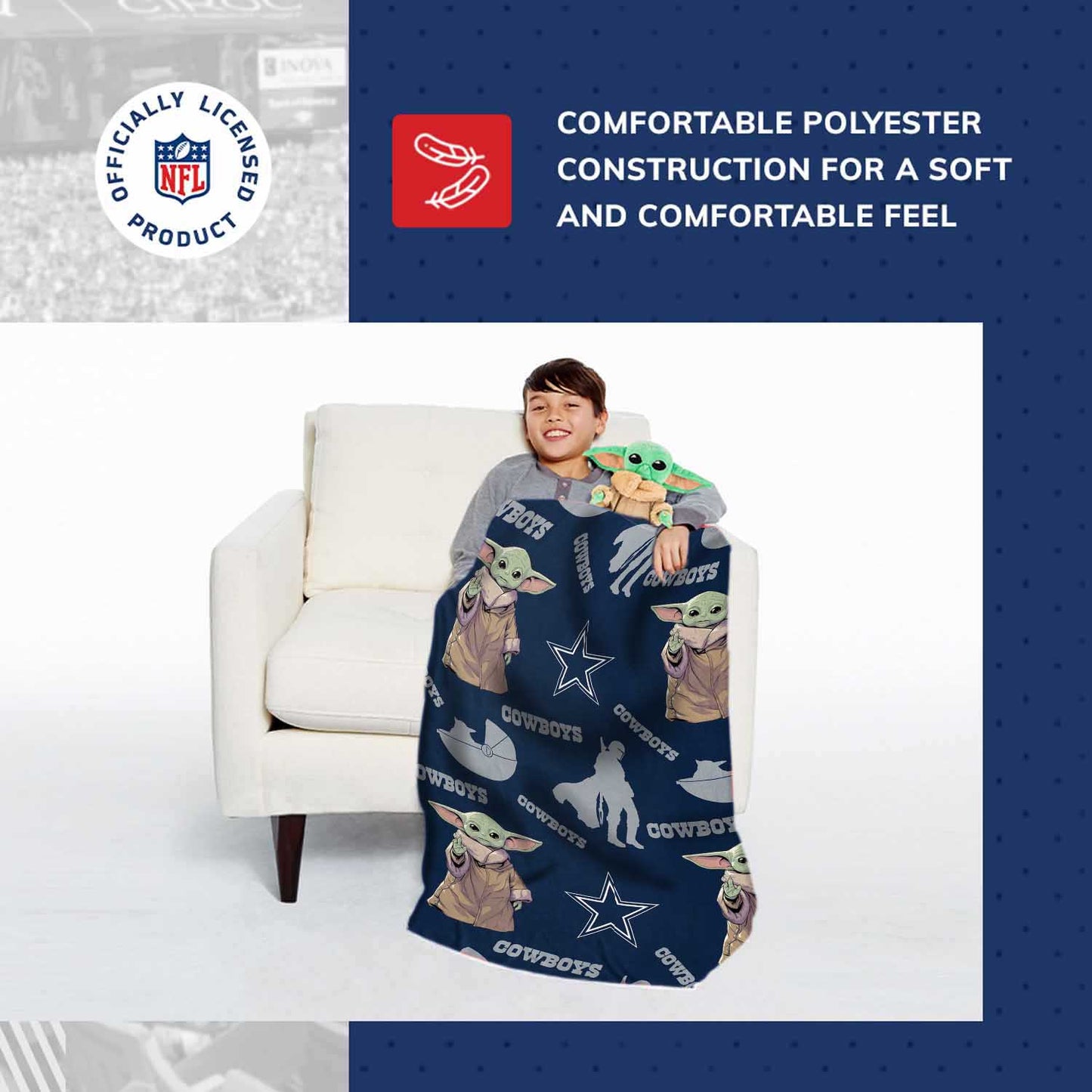 Dallas Cowboys NFL x Star Wars Pillow & Blanket Set 40" x 50" featuring The Child - Navy
