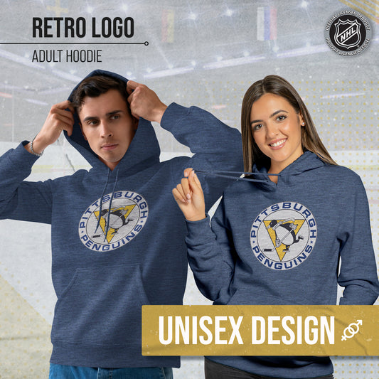 Pittsburgh Penguins Adult NHL Retro Logo Hockey Fleece Hooded Sweatshirt - Navy Heather