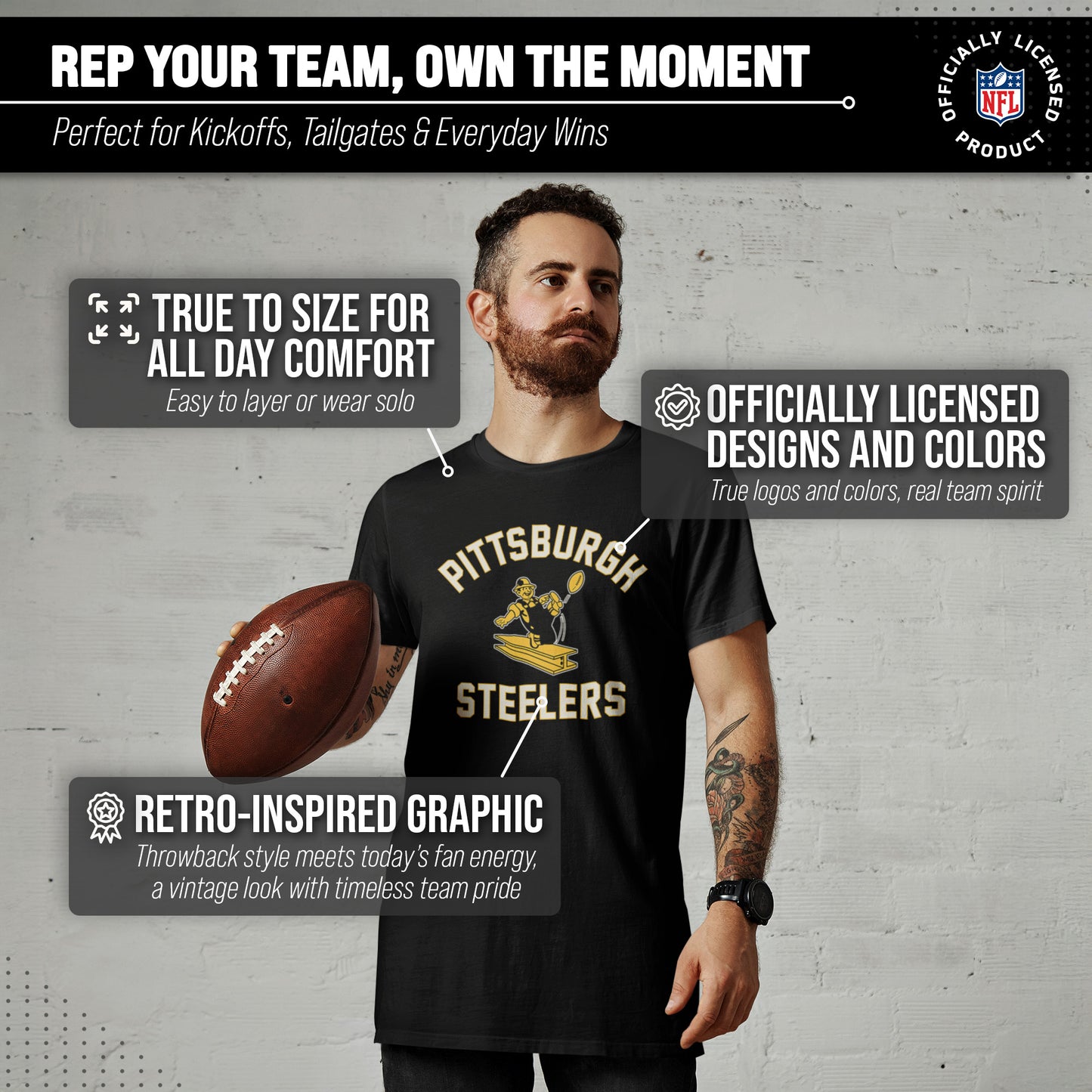 Pittsburgh Steelers NFL Adult Retro Gameday Unisex T-Shirt - Black