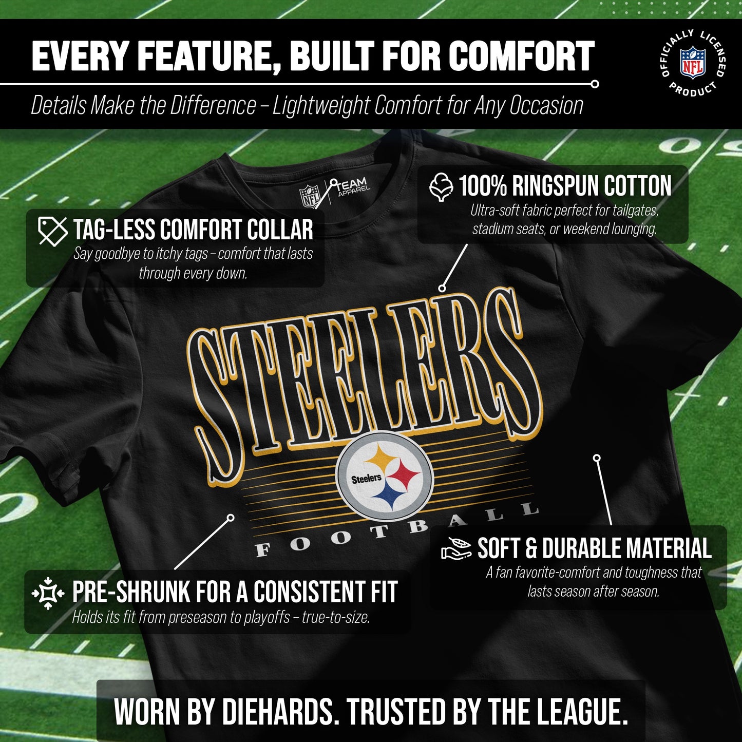 Pittsburgh Steelers NFL Adult Overtime Blueprint Tag-Less T-Shirt - Black