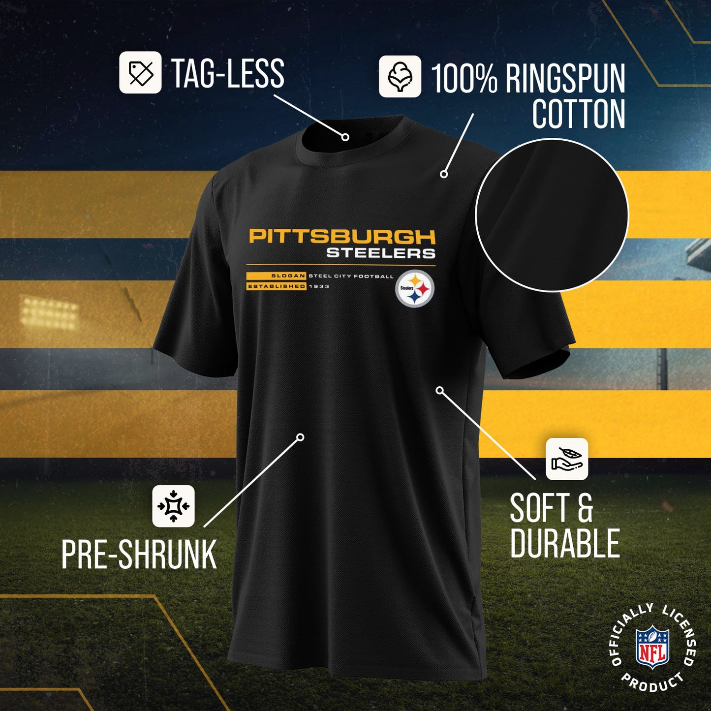 Pittsburgh Steelers Adult NFL Speed Stat Sheet T-Shirt - Black