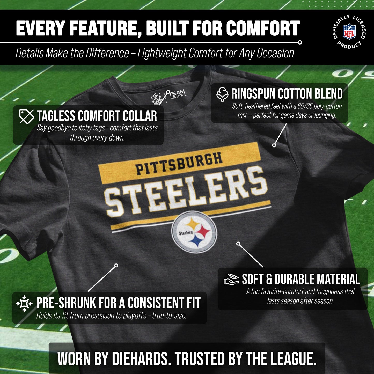 Pittsburgh Steelers NFL Adult Team Block Tagless T-Shirt - Charcoal