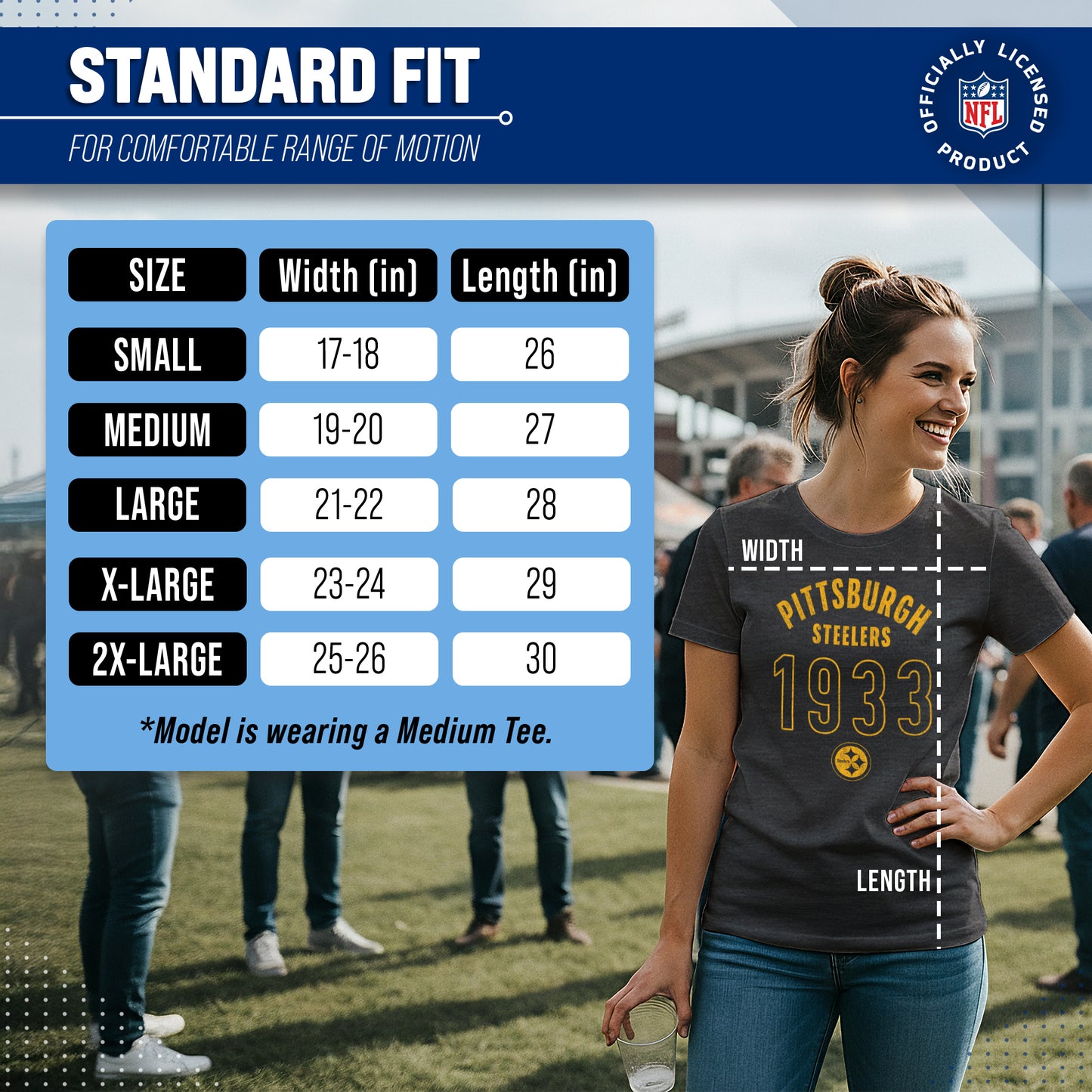 Pittsburgh Steelers NFL Womens Big Date Tag-Less T-Shirt - Black