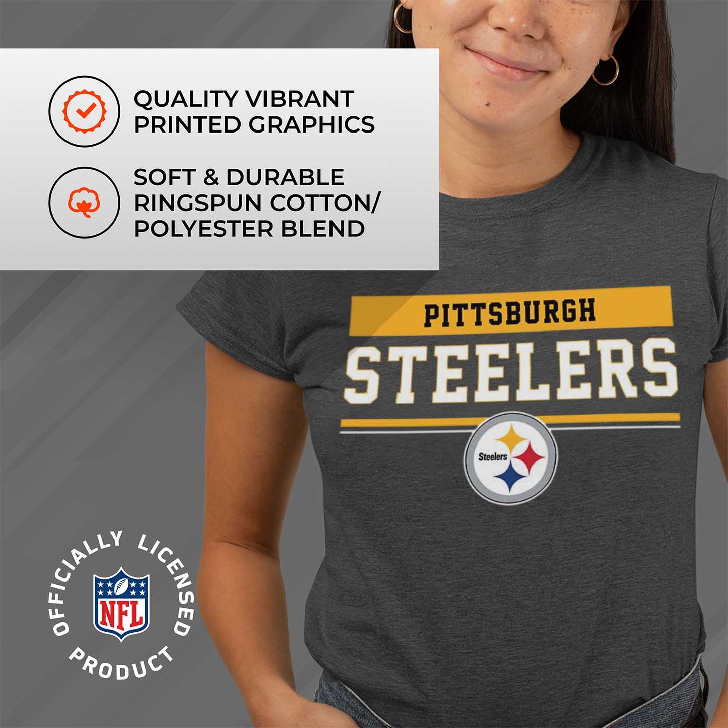Pittsburgh Steelers NFL Women's Team Block Charcoal Tagless T-Shirt - Charcoal