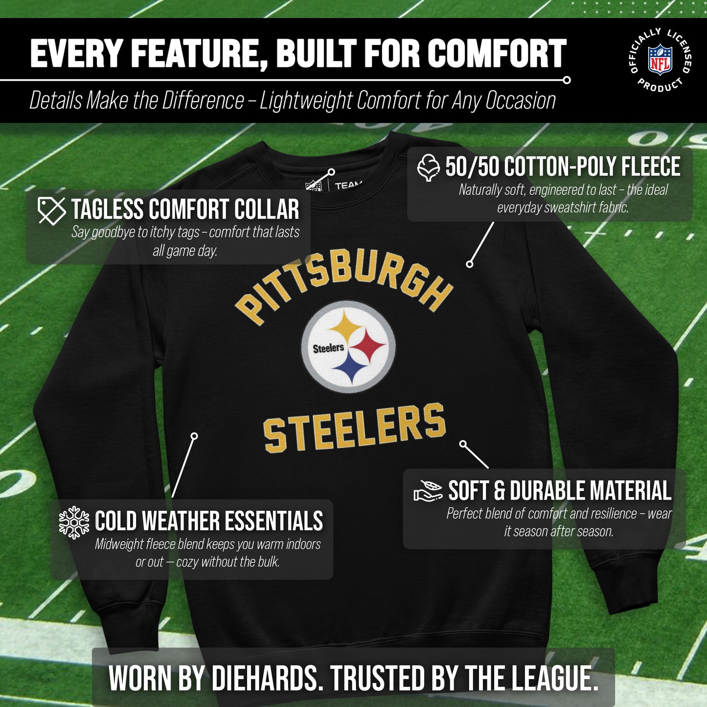 Pittsburgh Steelers NFL Adult Gameday Football Crewneck Sweatshirt - Black