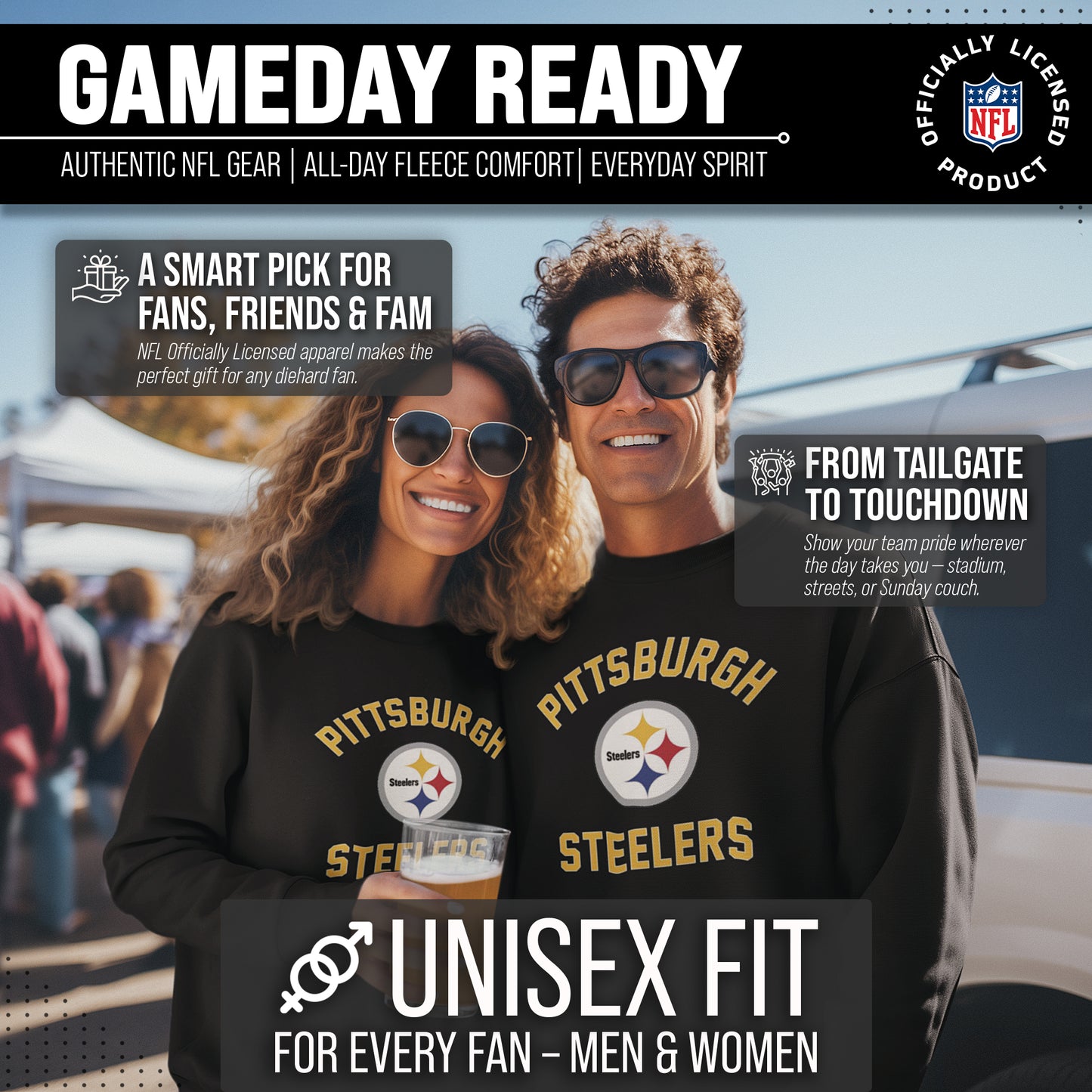 Pittsburgh Steelers NFL Adult Gameday Football Crewneck Sweatshirt - Black