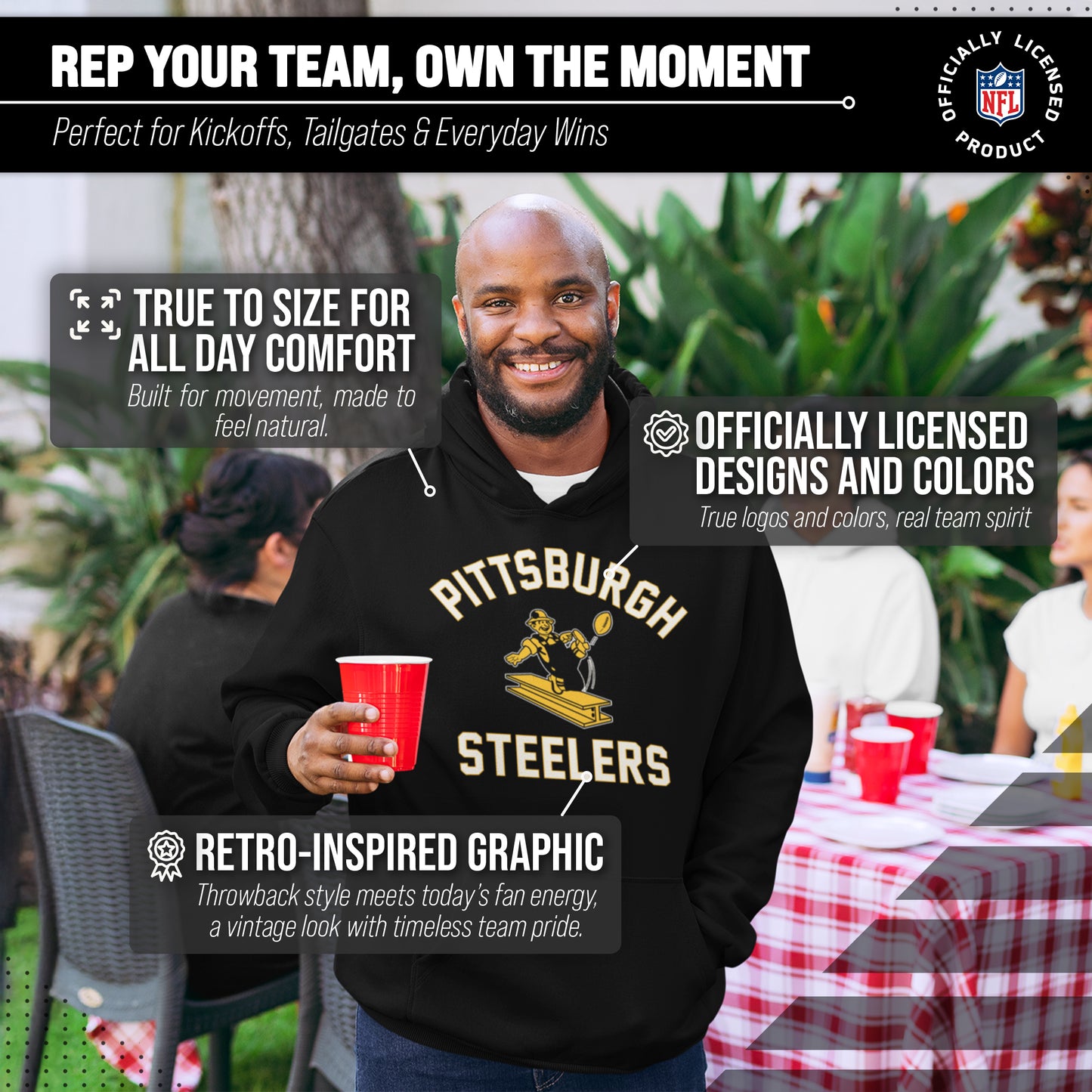 Pittsburgh Steelers NFL Adult Unisex Retro Gameday Ultra Soft Fleece Hooded Sweatshirt - Black