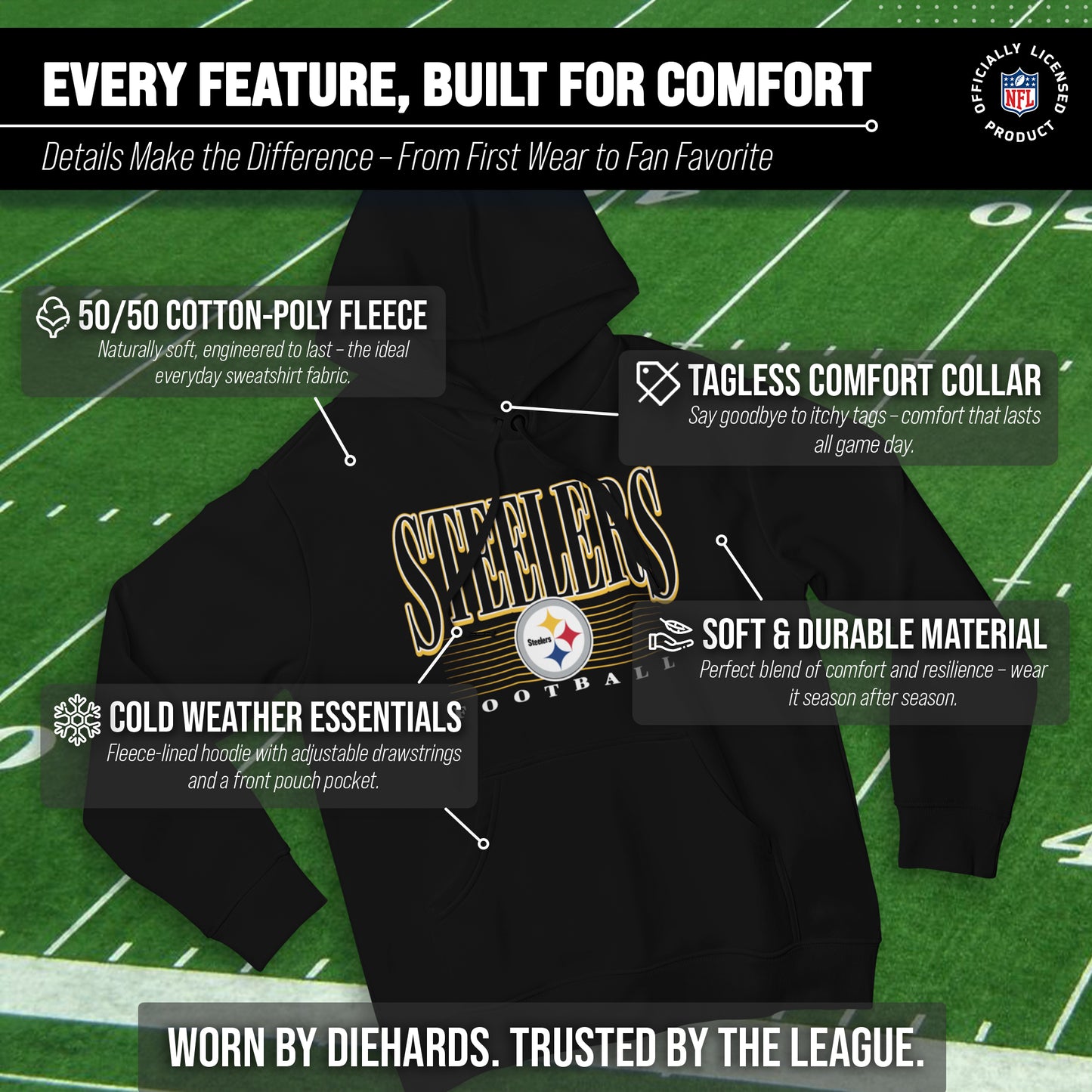 Pittsburgh Steelers NFL Adult Unisex Overtime Blueprint Soft Fleece Hooded Sweatshirt - Black