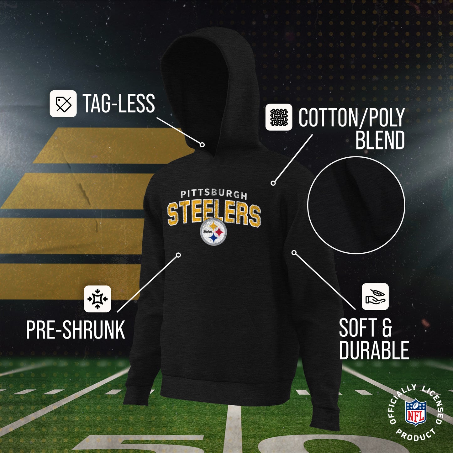Pittsburgh Steelers NFL Youth Starting Fresh Hoodie- Pro Football Sweatshirt for Boys and Girls - Black