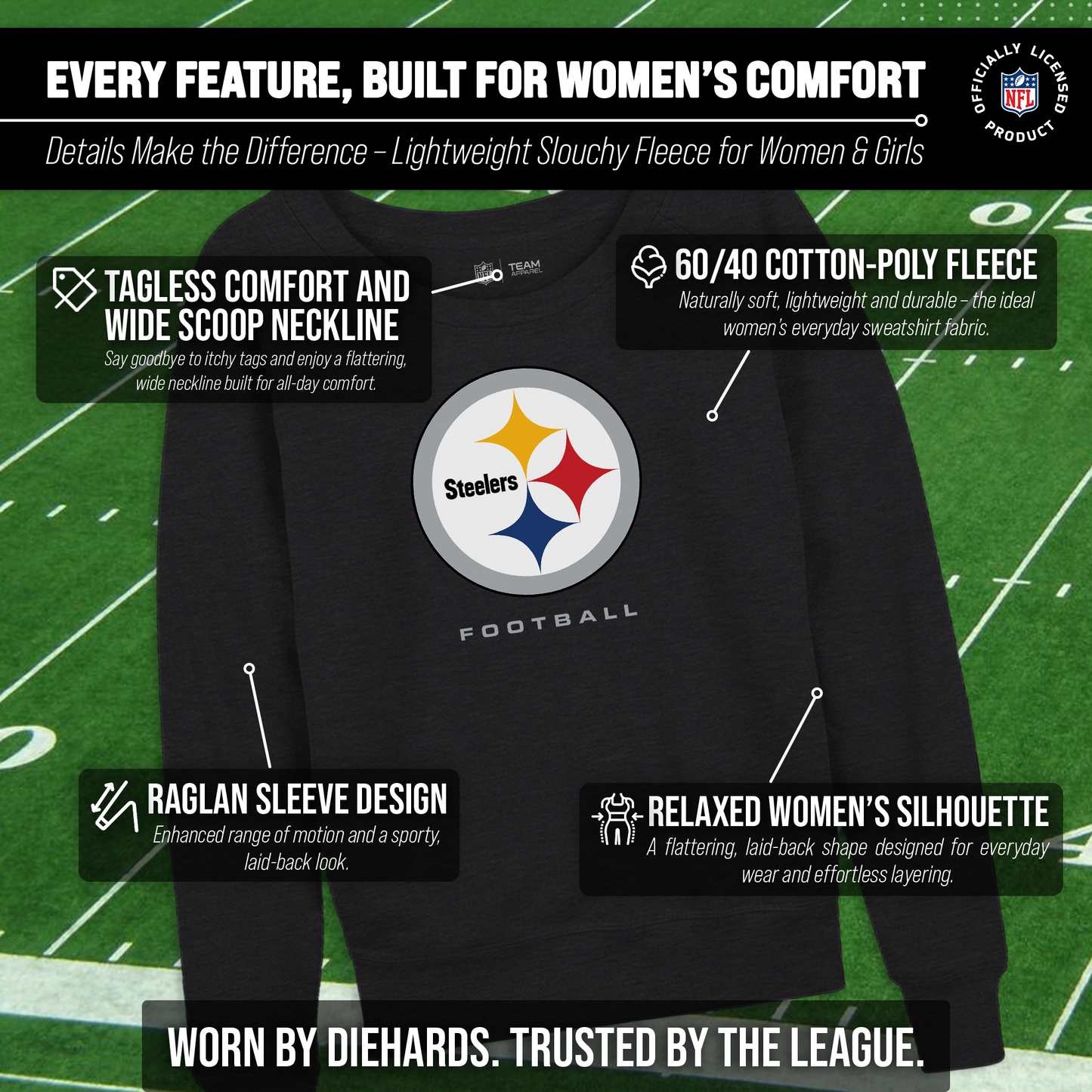 Pittsburgh Steelers Women's NFL Ultimate Fan Logo Slouchy Crewneck -Tagless Fleece Lightweight Pullover - Charcoal