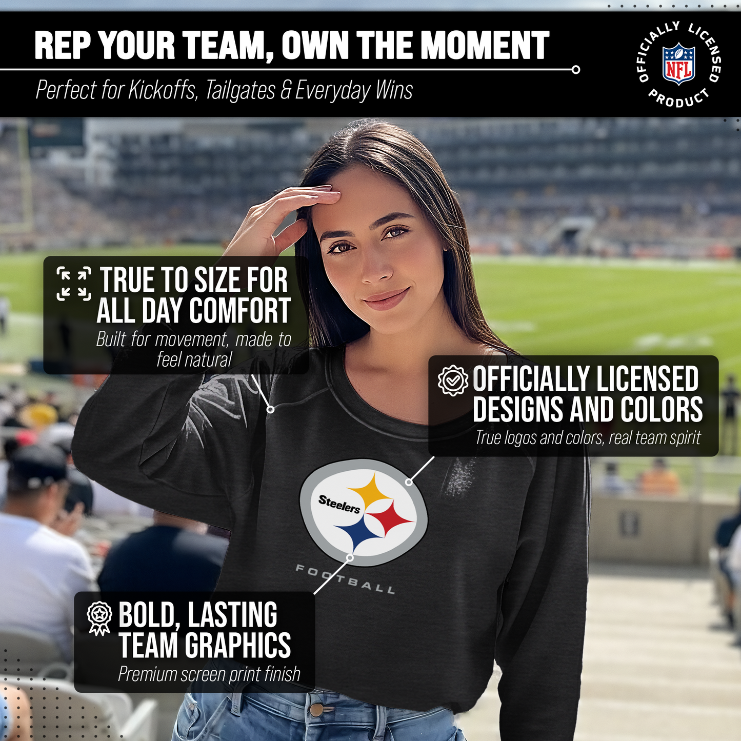 Pittsburgh Steelers Women's NFL Ultimate Fan Logo Slouchy Crewneck -Tagless Fleece Lightweight Pullover - Charcoal