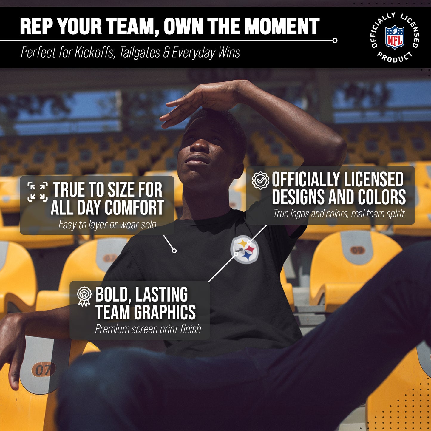 Pittsburgh Steelers NFL Pro Football Final Countdown Adult Cotton-Poly Short Sleeved T-Shirt For Men & Women - Black