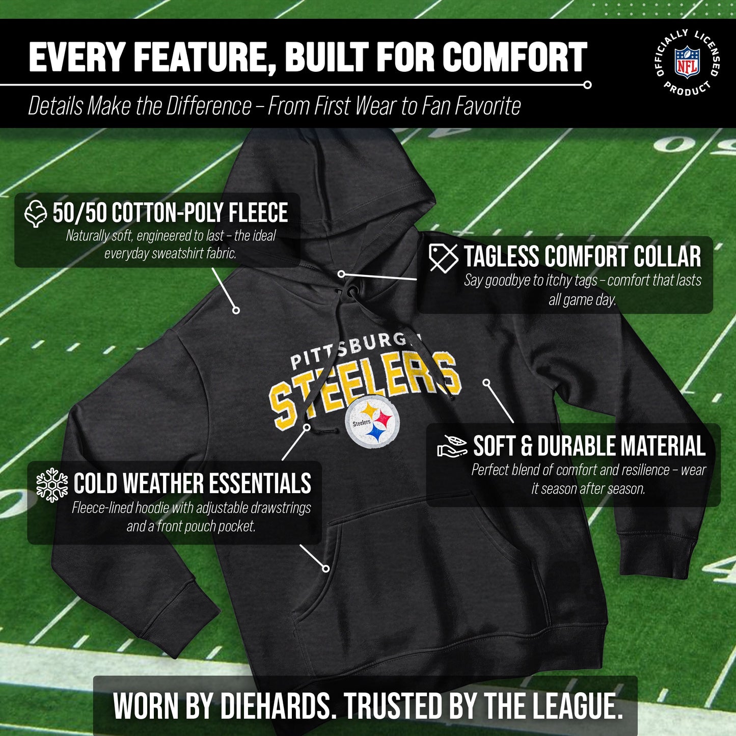 Pittsburgh Steelers NFL Adult Unisex Starting Fresh Ultra Soft Fleece Hooded Sweatshirt - Black Heather