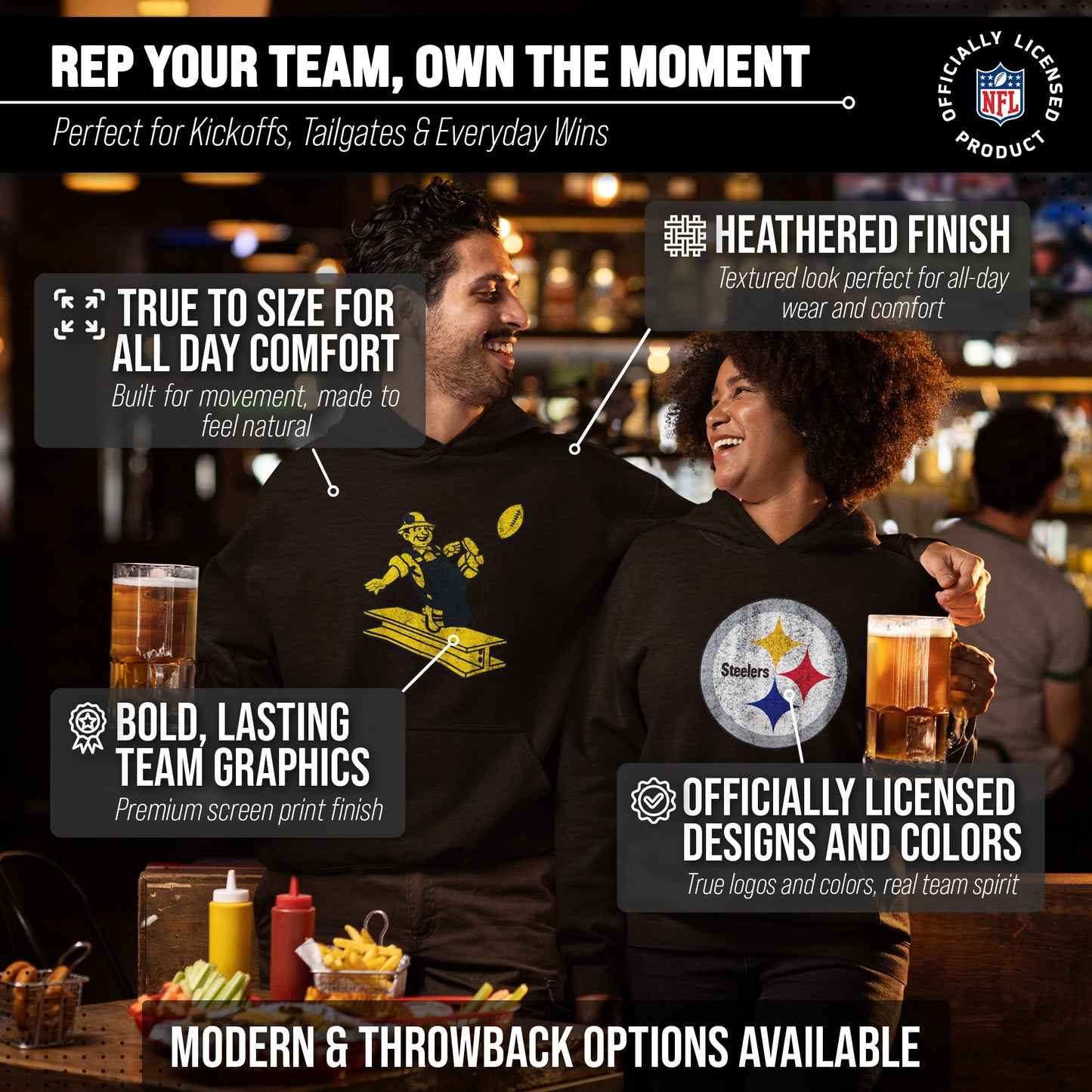 Pittsburgh Steelers NFL Adult Unisex Modern Throwback Ultra Soft Fleece Hooded Sweatshirt - Black Heather