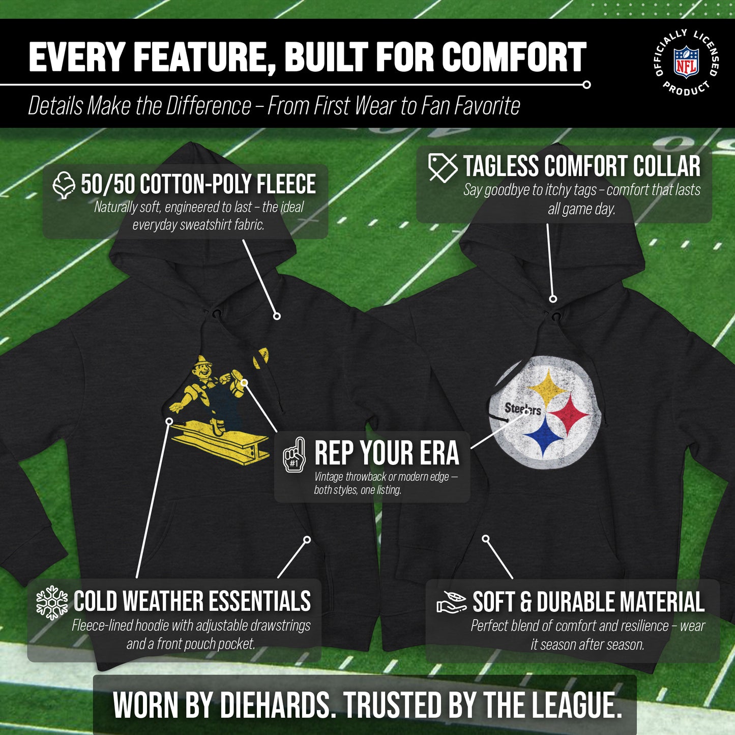 Pittsburgh Steelers NFL Adult Unisex Modern Throwback Ultra Soft Fleece Hooded Sweatshirt - Black