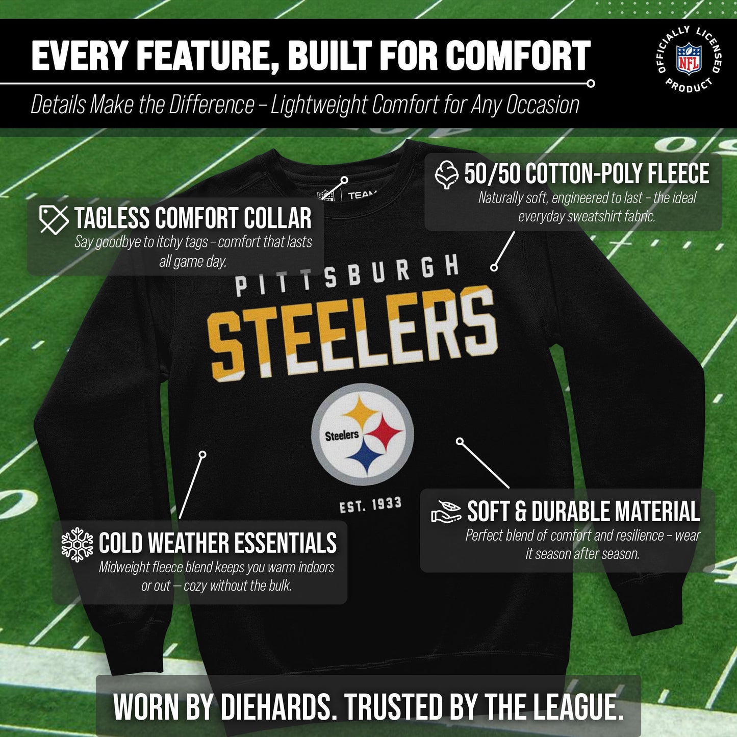 Pittsburgh Steelers Adult NFL Diagonal Fade Color Block Crewneck Sweatshirt - Black