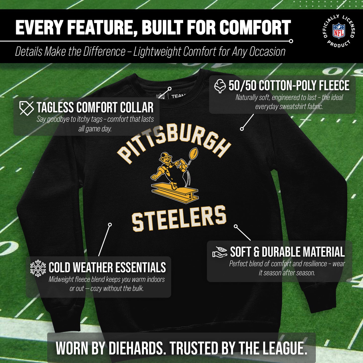 Pittsburgh Steelers NFL Adult Unisex Retro Gameday Ultra Soft Fleece Crewneck Sweatshirt - Black
