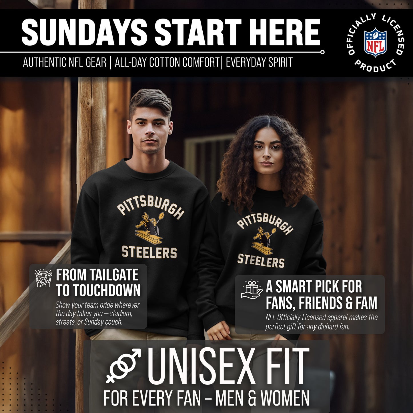 Pittsburgh Steelers NFL Adult Unisex Retro Gameday Ultra Soft Fleece Crewneck Sweatshirt - Black