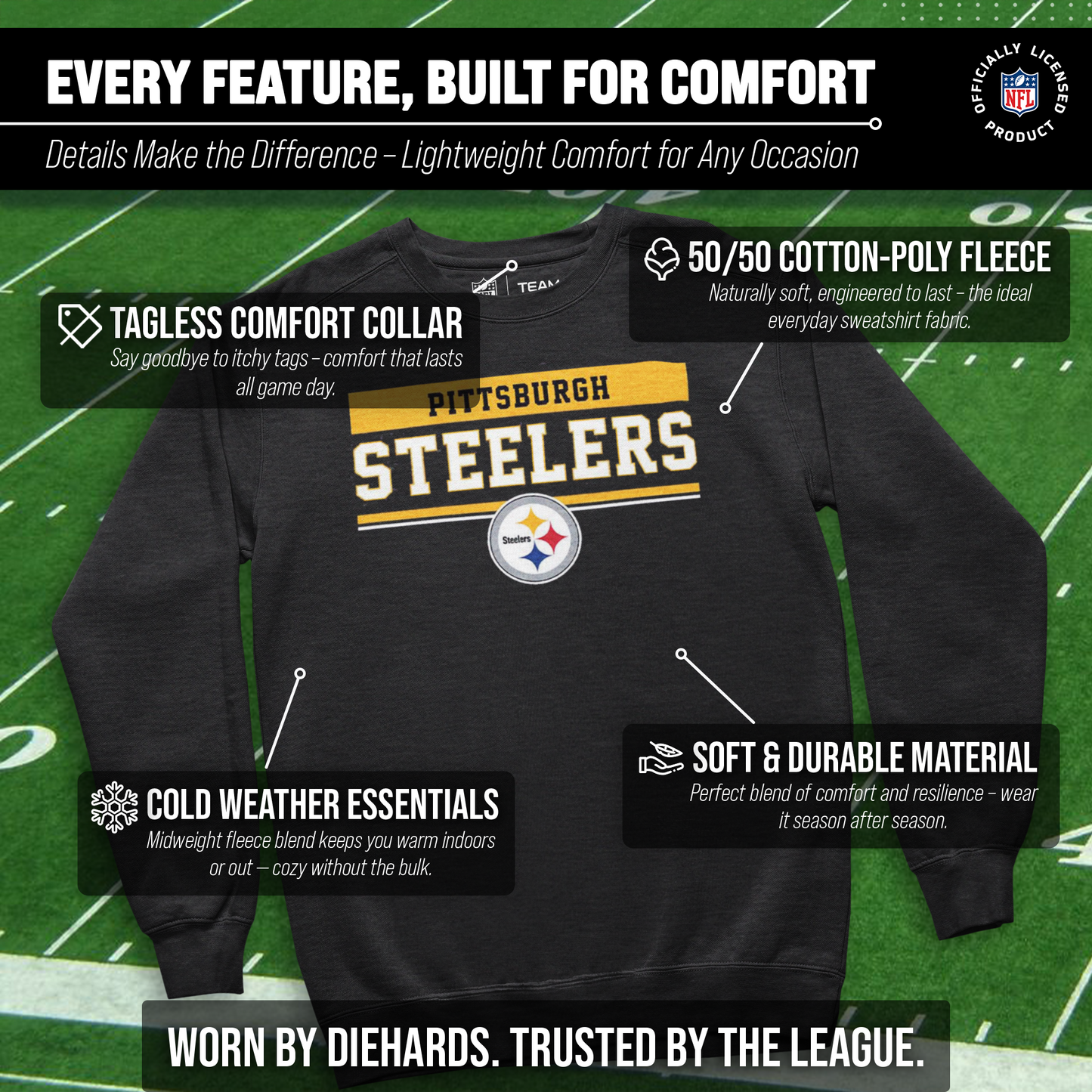 Pittsburgh Steelers NFL Adult Long Sleeve Team Block Charcoal Crewneck Sweatshirt - Charcoal