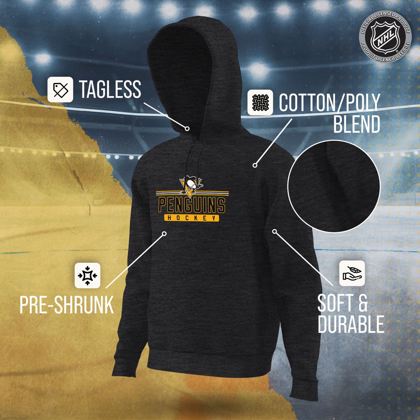 Pittsburgh Penguins NHL Adult Heather Charcoal True Fan Hooded Sweatshirt Unisex - Charcoal