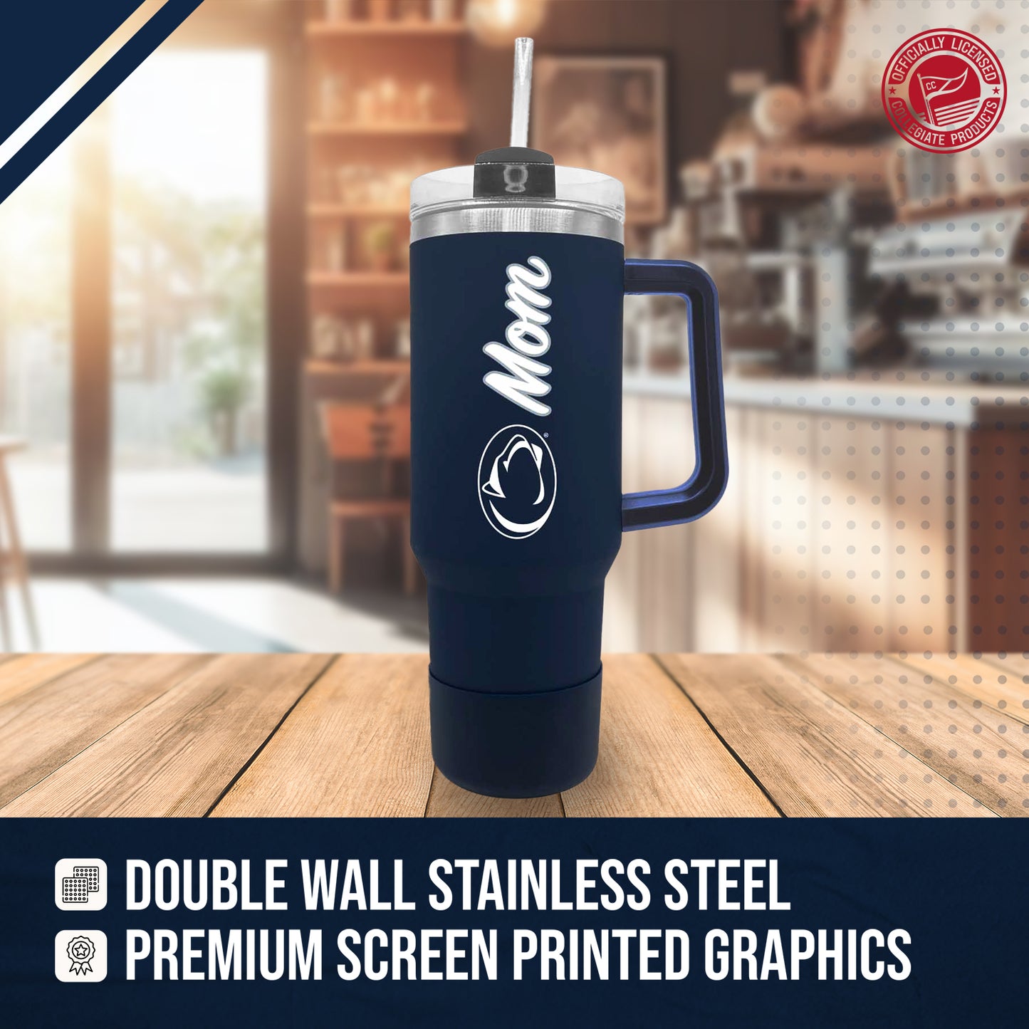 Penn State Nittany Lions Collegiate 40oz Stainless Steel Travel Tumbler with Handle for Mom - Navy