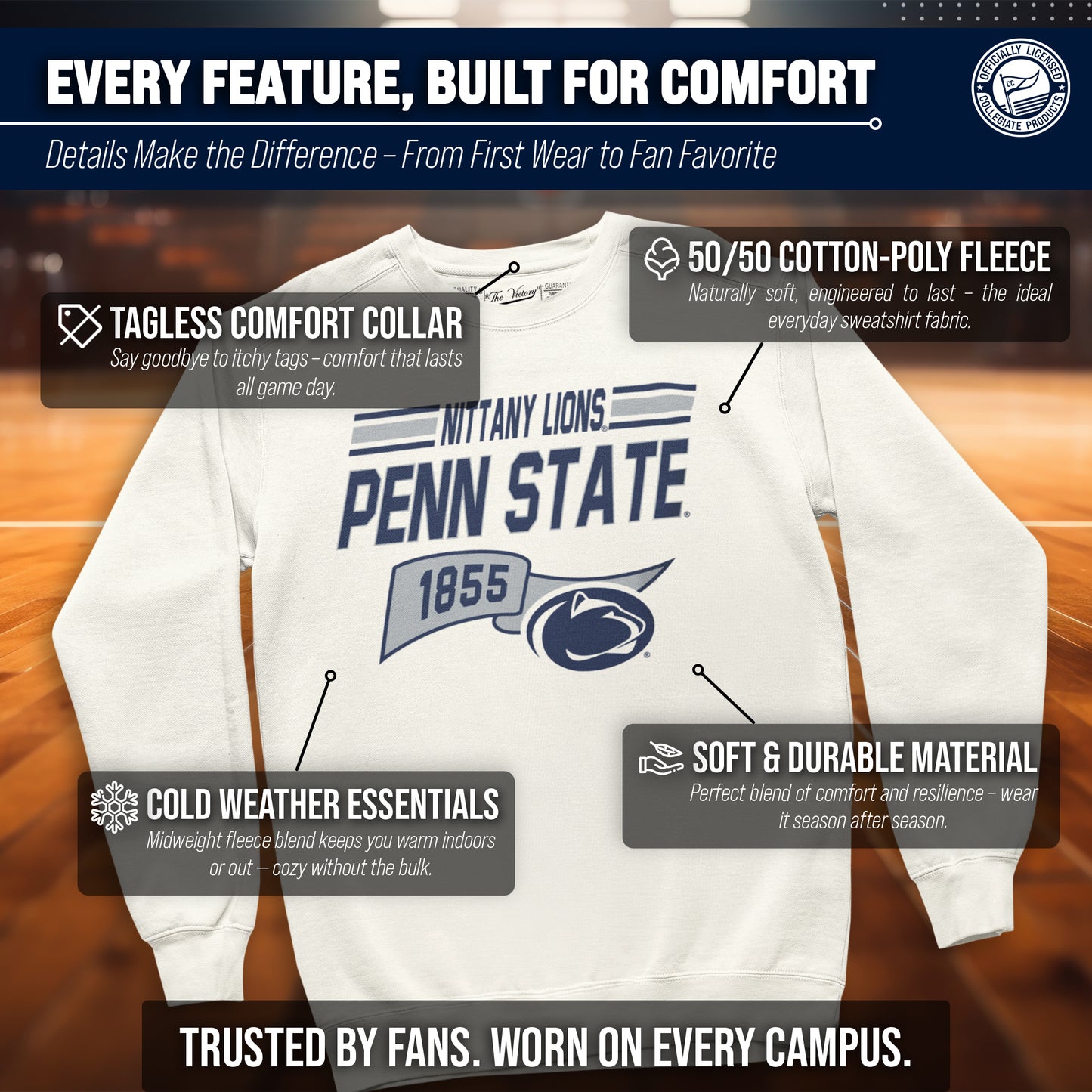 Penn State Nittany Lions NCAA Adult Unisex Varsity Club Pennant Crewneck Fleece Sweatshirt - Off White