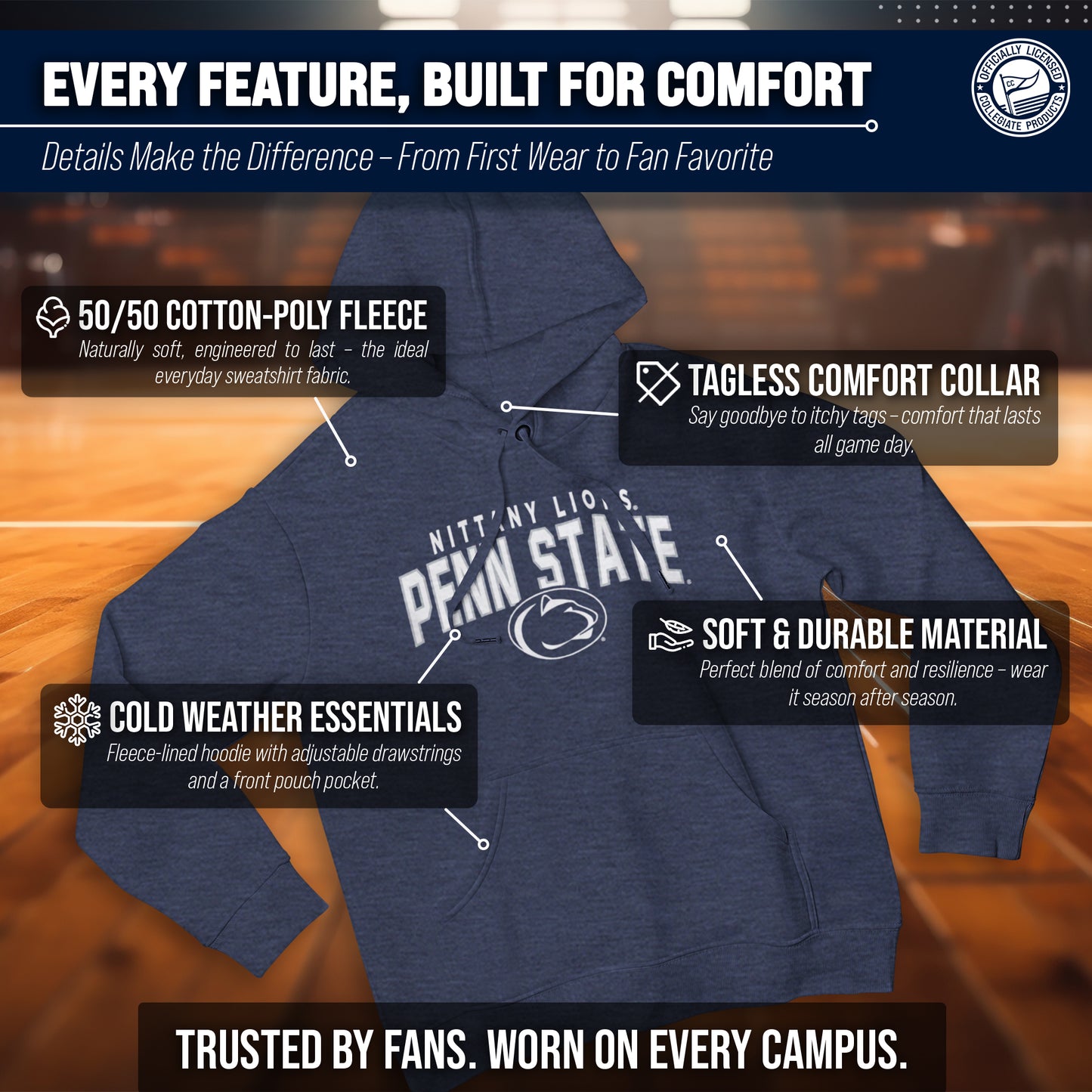Penn State Nittany Lions NCAA Adult Unisex Starting Fresh Heathered Hooded Fleece Sweatshirt - Navy Heather