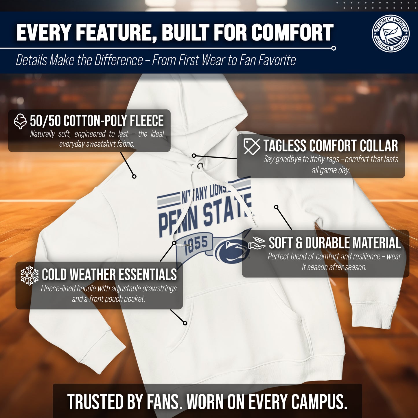 Penn State Nittany Lions NCAA Adult Unisex Varsity Club Pennant Hooded Fleece Sweatshirt - Off White