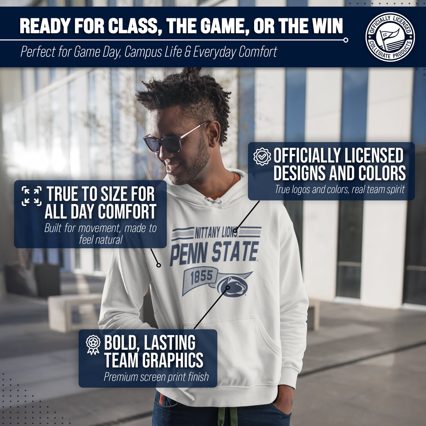 Penn State Nittany Lions NCAA Adult Unisex Varsity Club Pennant Hooded Fleece Sweatshirt - Off White