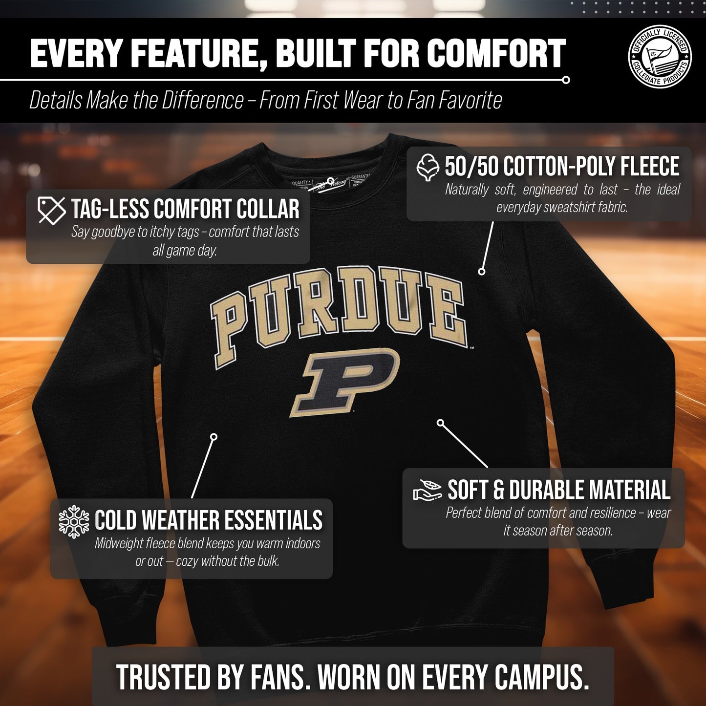 Purdue Boilermakers Campus Colors Adult Arch & Logo Soft Style Gameday Crewneck Sweatshirt - Black