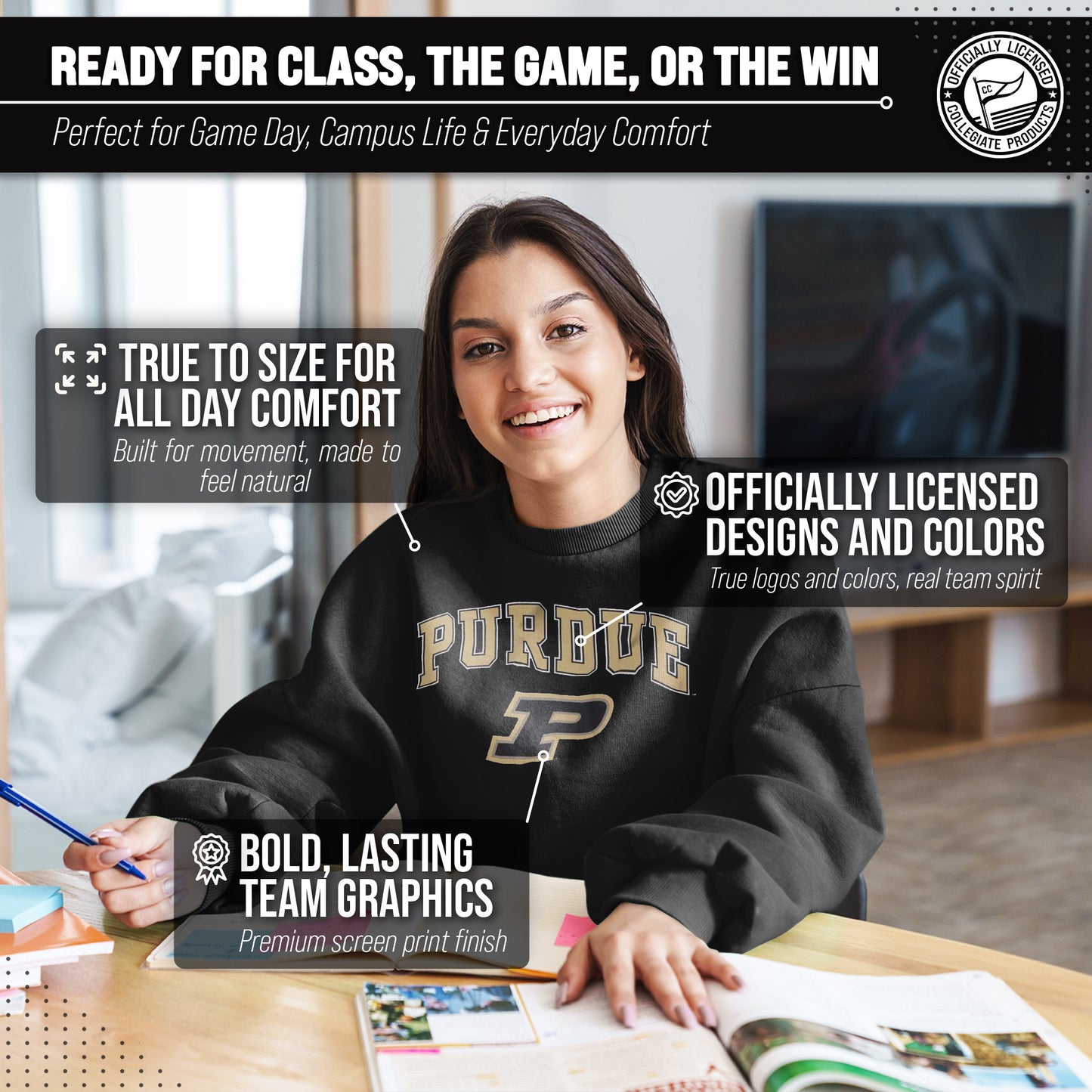 Purdue Boilermakers Campus Colors Adult Arch & Logo Soft Style Gameday Crewneck Sweatshirt - Black