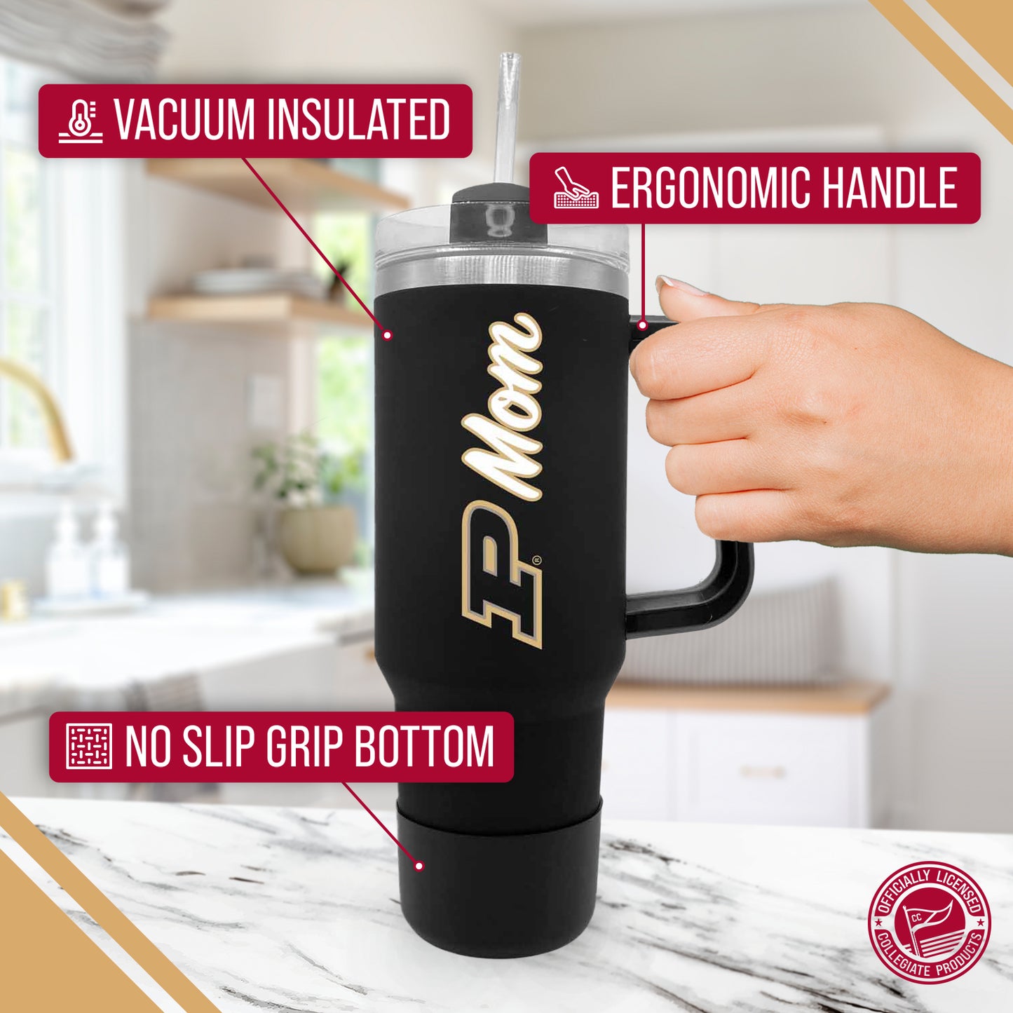 Purdue Boilermakers Collegiate 40oz Stainless Steel Travel Tumbler with Handle for Mom - Black