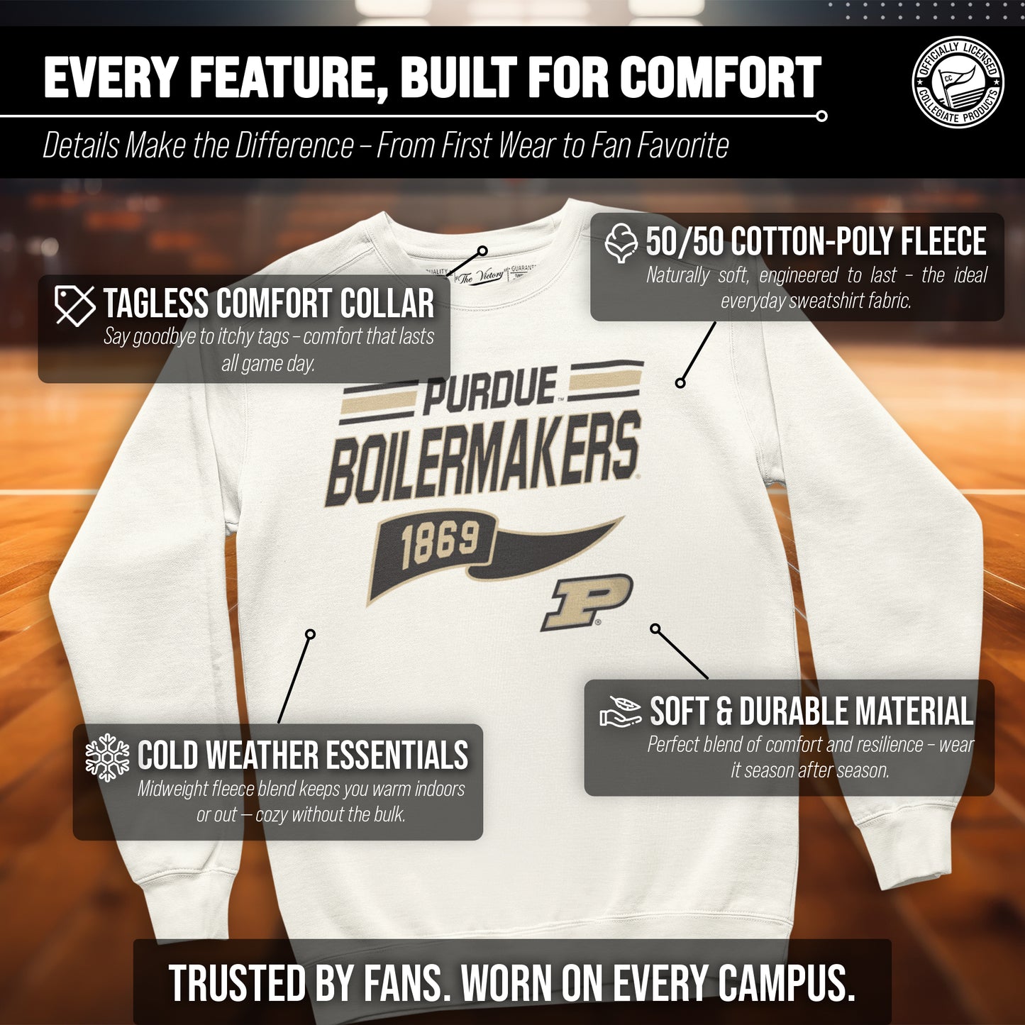 Purdue Boilermakers NCAA Adult Unisex Varsity Club Pennant Crewneck Fleece Sweatshirt - Off White