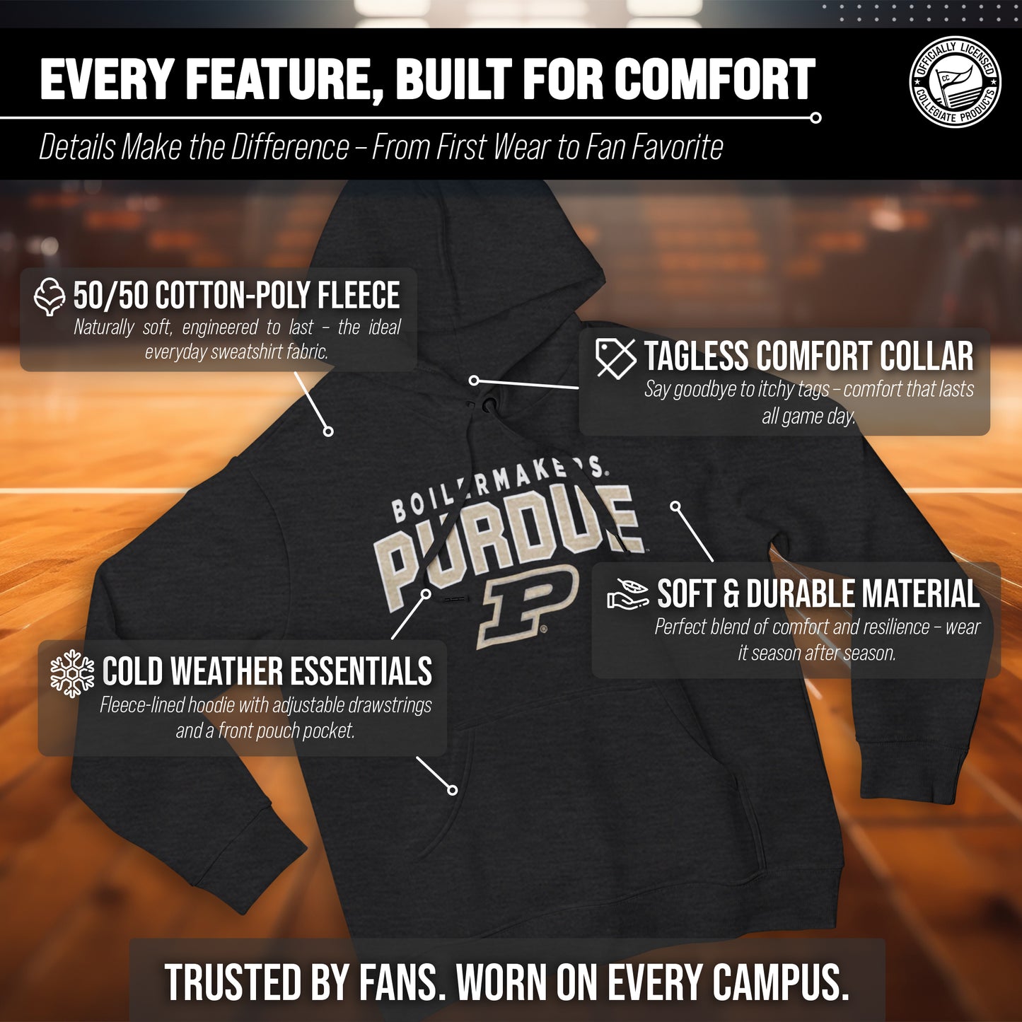 Purdue Boilermakers NCAA Adult Unisex Starting Fresh Heathered Hooded Fleece Sweatshirt - Black Heather