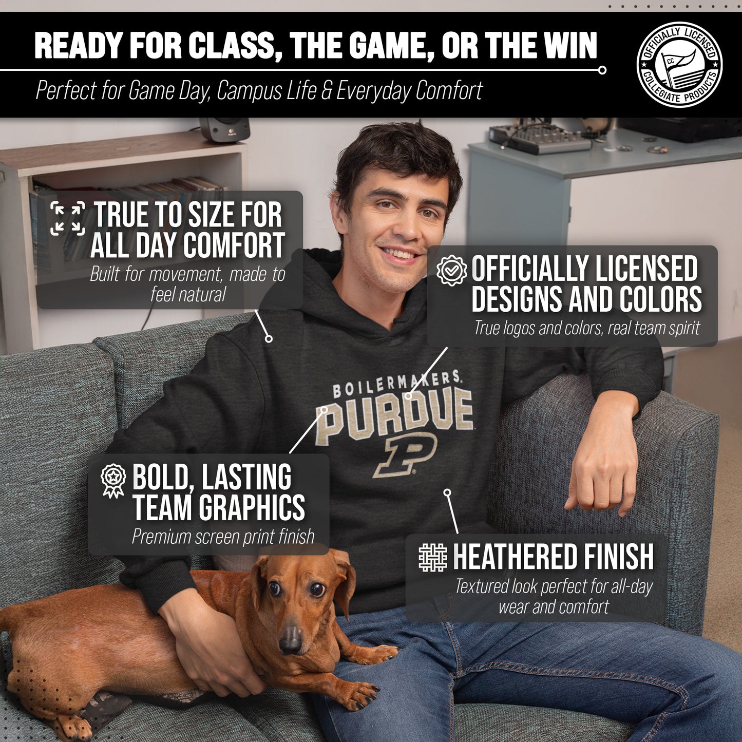 Purdue Boilermakers NCAA Adult Unisex Starting Fresh Heathered Hooded Fleece Sweatshirt - Black Heather