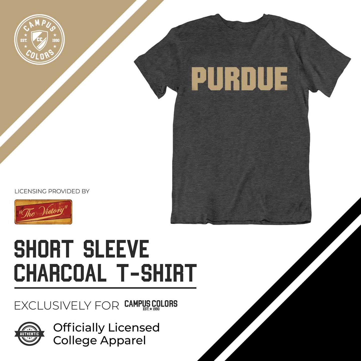 Purdue Boilermakers Campus Colors NCAA Adult Cotton Blend Charcoal Tagless T-Shirt - Charcoal