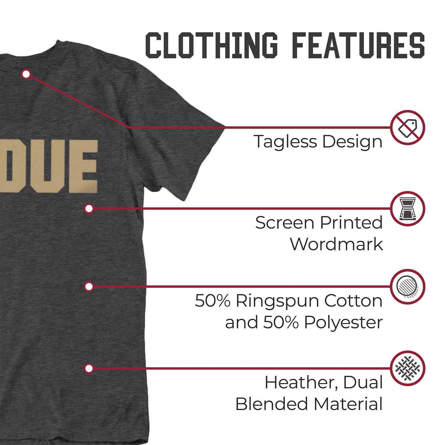 Purdue Boilermakers Campus Colors NCAA Adult Cotton Blend Charcoal Tagless T-Shirt - Charcoal