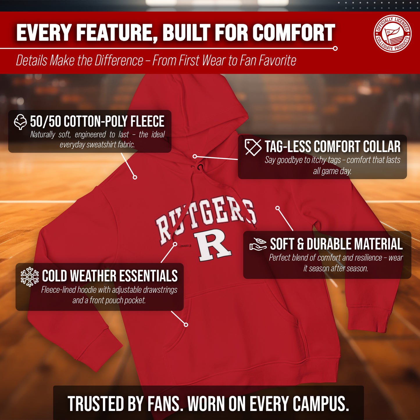 Rutgers Scarlet Knights Adult Arch & Logo Soft Style Gameday Hooded Sweatshirt - Red