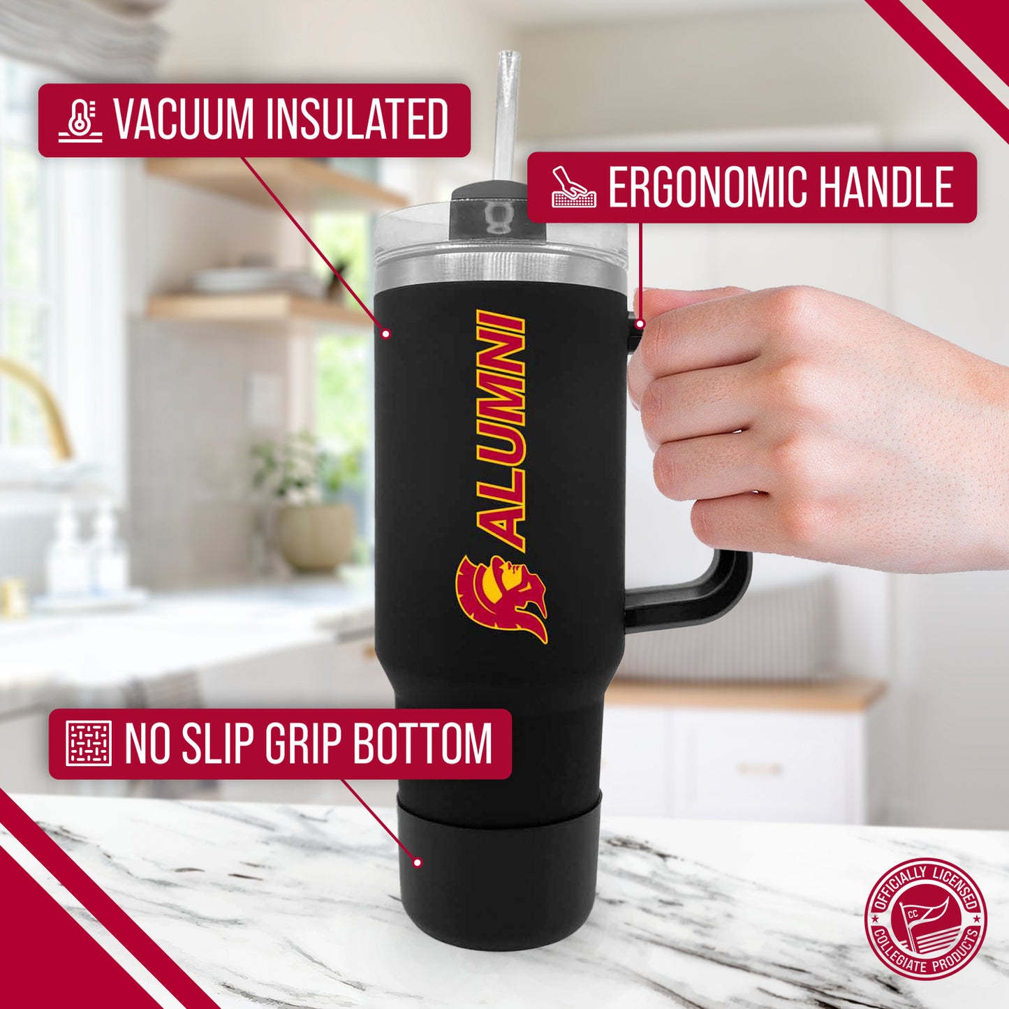 USC Trojans Collegiate 40oz Stainless Steel Travel Tumbler with Handle for Alumni - Black