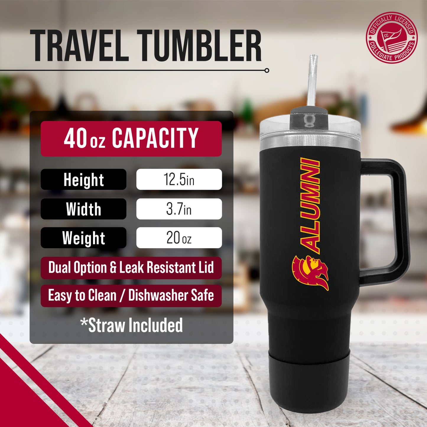 USC Trojans Collegiate 40oz Stainless Steel Travel Tumbler with Handle for Alumni - Black
