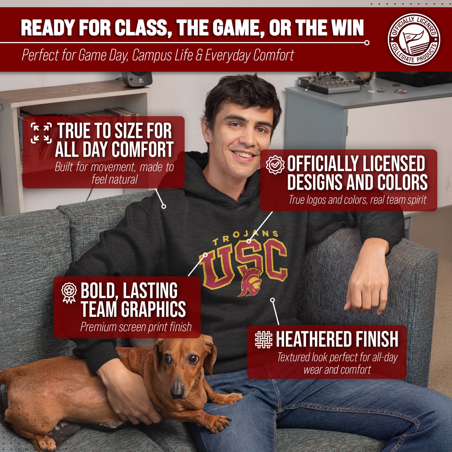 USC Trojans NCAA Adult Unisex Starting Fresh Heathered Hooded Fleece Sweatshirt - Black Heather
