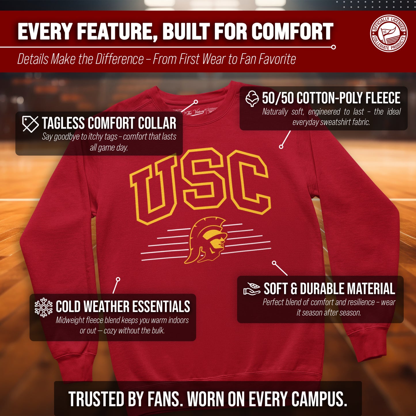 USC Trojans NCAA Adult Unisex Overtime Classics Crewneck Fleece Sweatshirt - Cardinal