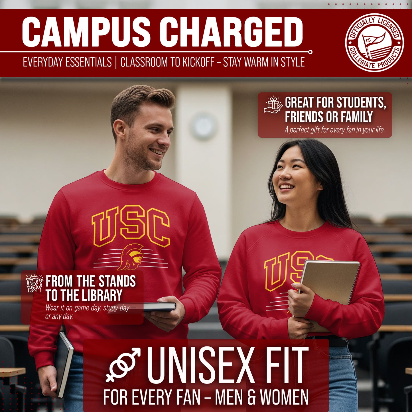 USC Trojans NCAA Adult Unisex Overtime Classics Crewneck Fleece Sweatshirt - Cardinal
