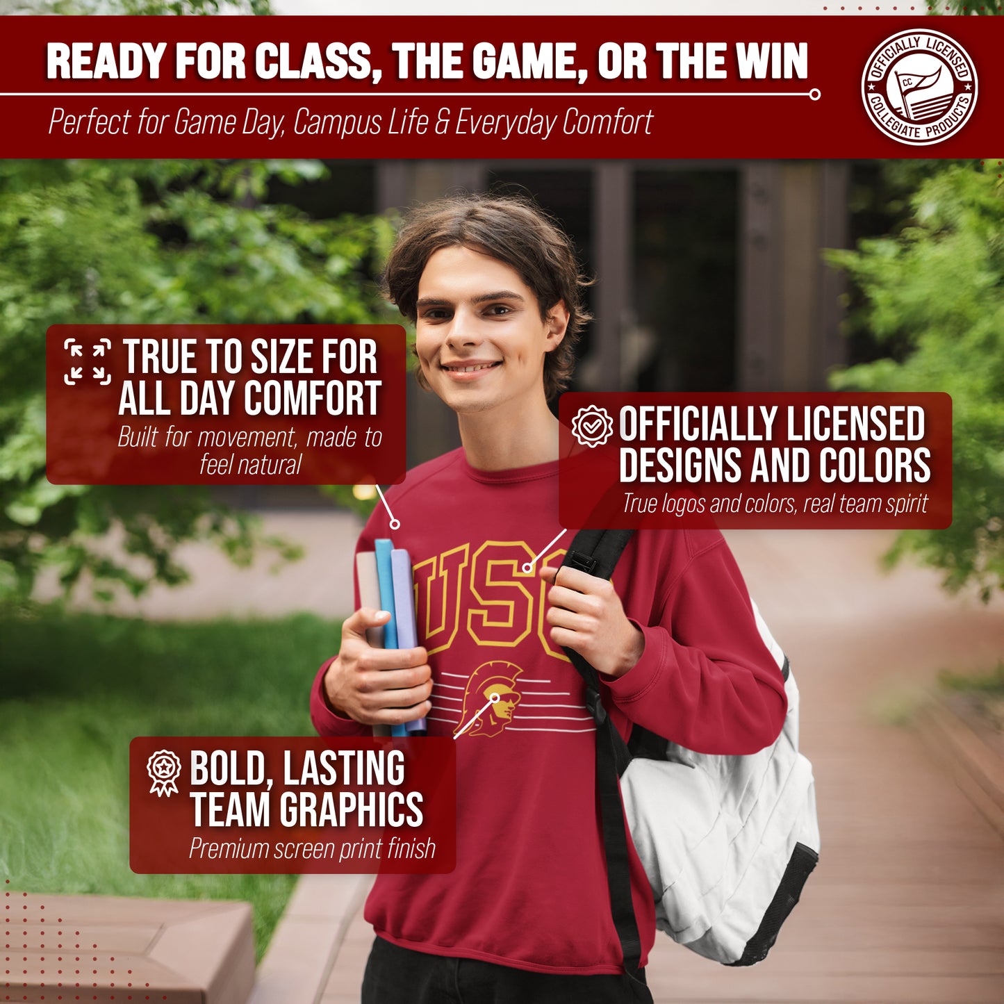 USC Trojans NCAA Adult Unisex Overtime Classics Crewneck Fleece Sweatshirt - Cardinal