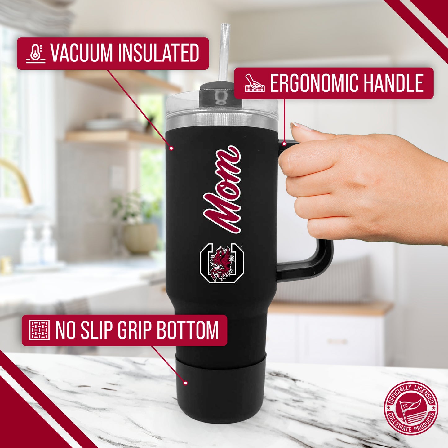 South Carolina Gamecocks Collegiate 40oz Stainless Steel Travel Tumbler with Handle for Mom - Black