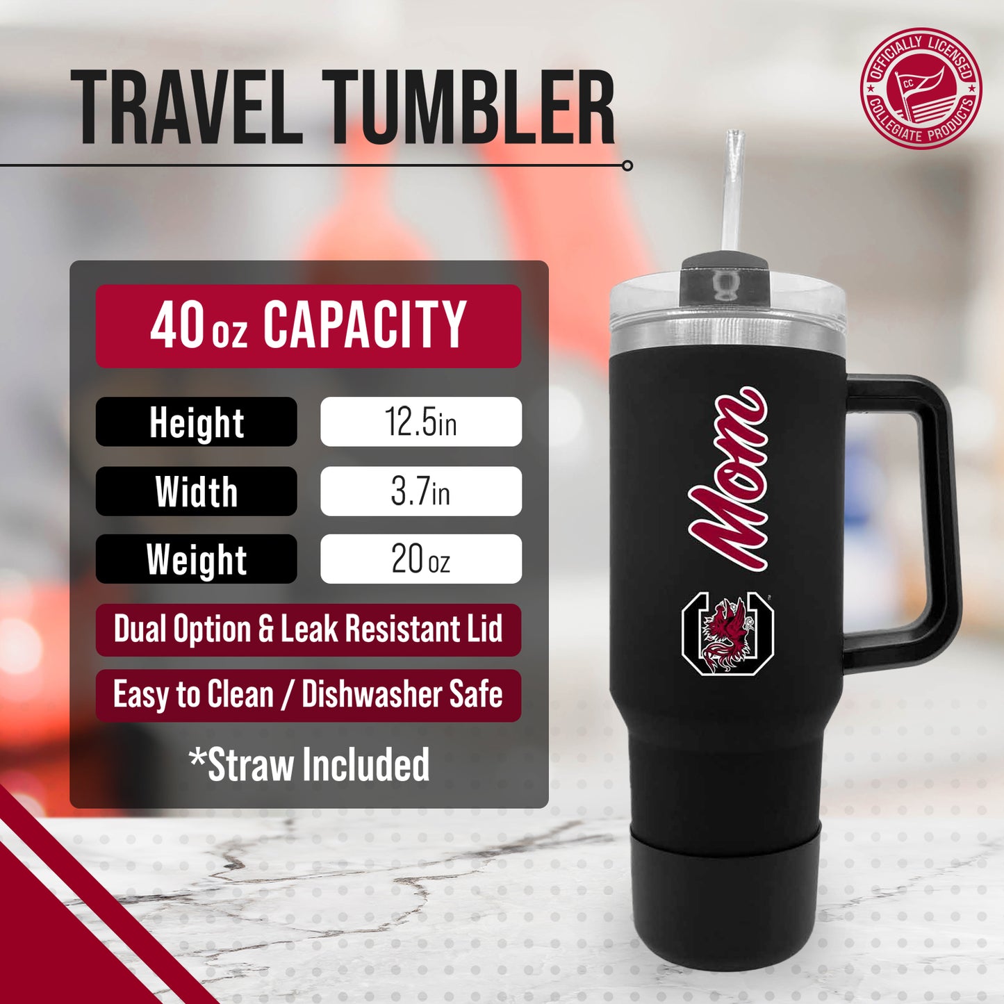 South Carolina Gamecocks Collegiate 40oz Stainless Steel Travel Tumbler with Handle for Mom - Black