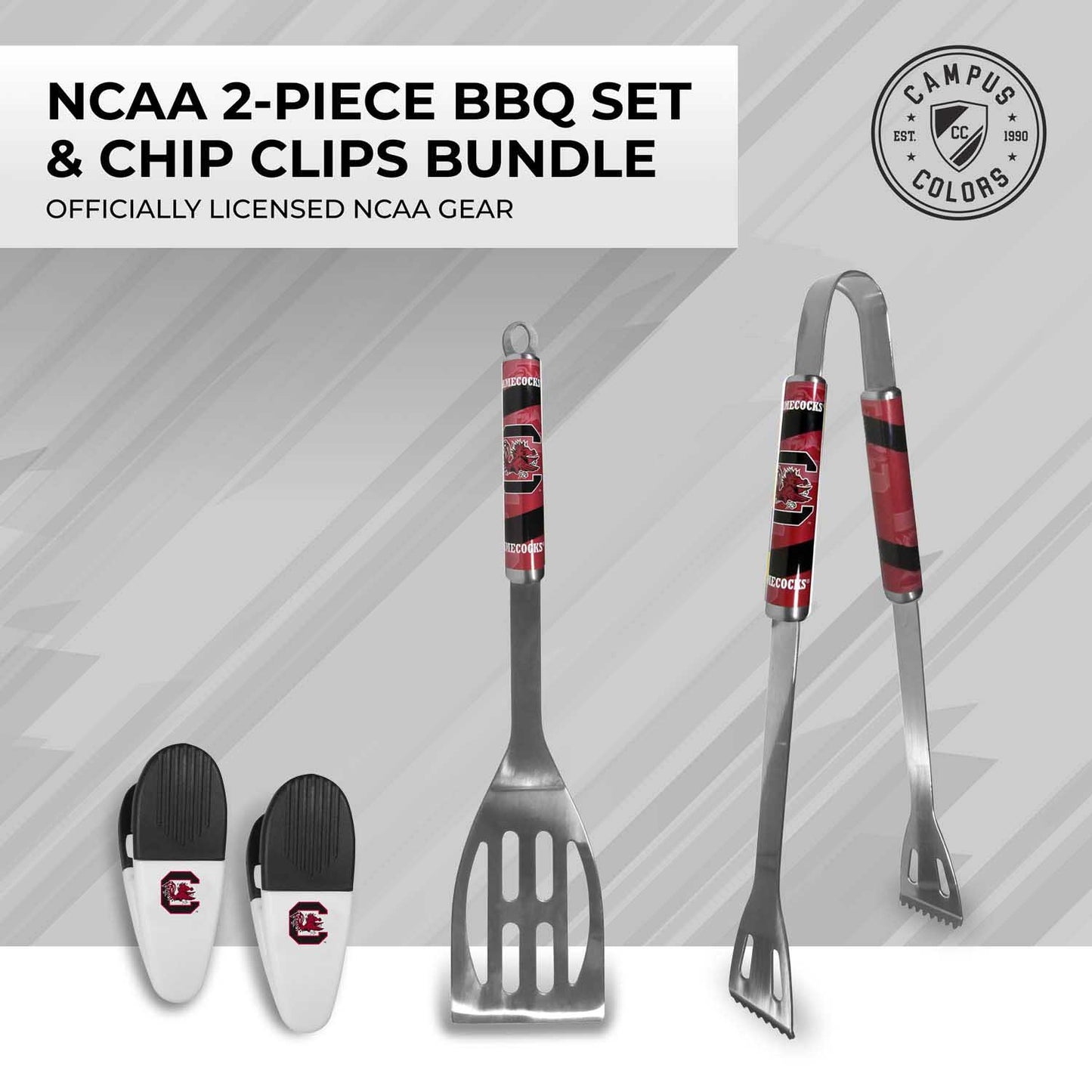 South Carolina Gamecocks Collegiate University Two Piece Grilling Tools Set with 2 Magnet Chip Clips - Chrome
