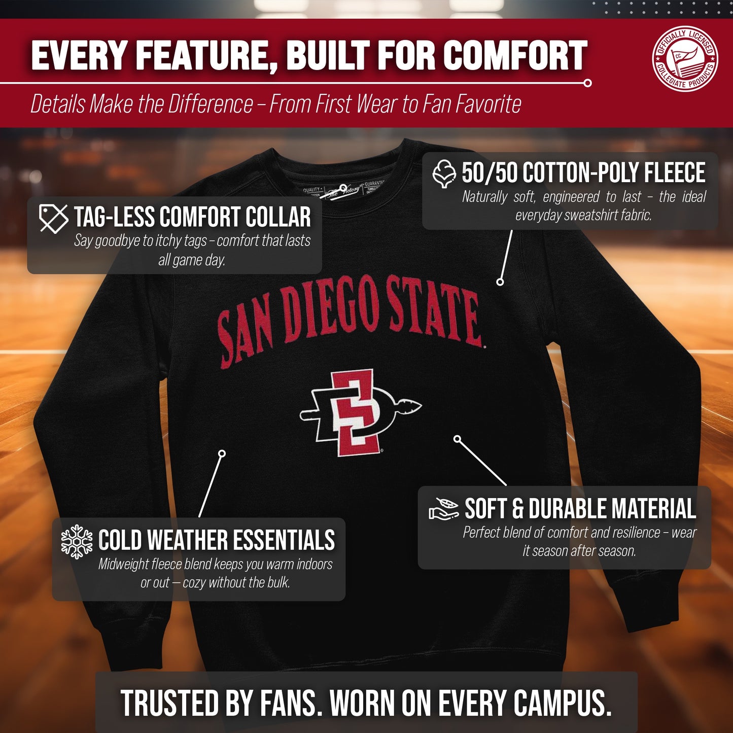 San Diego State Aztecs Adult Arch & Logo Soft Style Gameday Crewneck Sweatshirt - Black